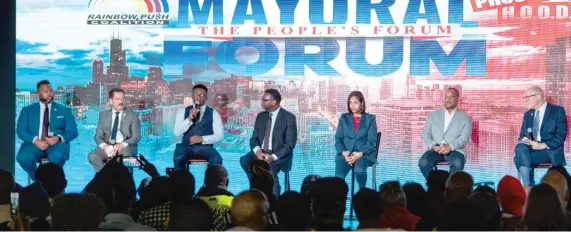  ?? PAT NABONG/SUN-TIMES ?? Mayoral candidates (from left) State Rep. Kam Buckner, U.S. Rep. Jesus ‘‘Chuy’’ Garcia, Ja’Mal Green, Cook County Commission­er Brandon Johnson, Ald. Sophia King, Ald. Roderick Sawyer and Paul Vallas appear Saturday at a mayoral forum in the Grand Crossing neighborho­od.