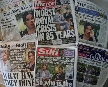  ?? (SIPA) ?? A selection of tabloid headlines published the day after the interview, March 2021.