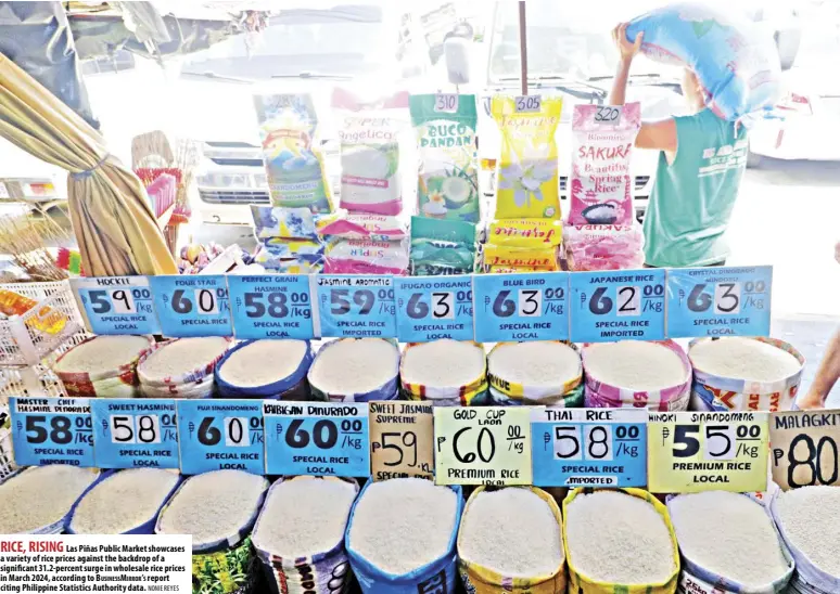  ?? NONIE REYES ?? RICE, RISING Las Piñas Public Market showcases a variety of rice prices against the backdrop of a significan­t 31.2-percent surge in wholesale rice prices in March 2024, according to Businessmi­rror’s report citing Philippine Statistics Authority data.