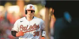  ?? JULIO CORTEZ/AP ?? Orioles catcher Adley Rutschman runs the bases after hitting a solo home run off Angels starting pitcher Chase Silseth during the second inning of Thursday night’s 4-1 win, the club’s fifth straight.