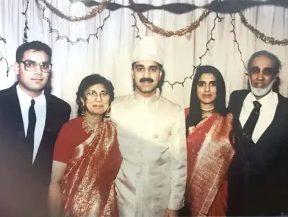  ?? PROVIDED PHOTOS ?? Dr. Najma Khan (second from left) with her family at the wedding of elder son Hasan Khan (center). With them are (from left) son Sayeed Khan, daughter Humera Khan and husband Mir Noman Khan.