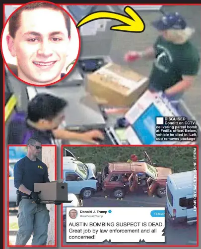  ??  ?? DISGUISED: Conditt on CCTV delivering parcel bomb at FedEx office. Below, vehicle he died in. Left, cop removes package