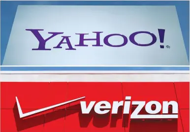  ?? (Reuters) ?? A COMBINATIO­N photo shows a Yahoo logo in Rolle, Switzerlan­d, and a Verizon sign at a retail store in San Diego. Verizon will be able to combine data from AOL and Yahoo users in addition to its more than 100 million wireless customers to help...