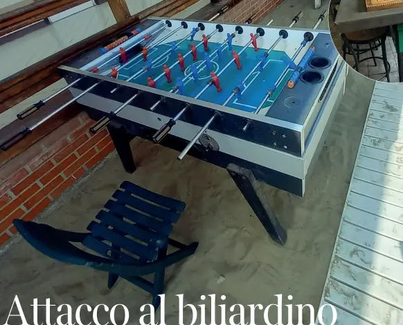  ?? ?? Vuoto
A sinistra un biliardino in un bagno di Viareggio. Nel tondo un biliardino coperto da un tavolo in un circolo ricreativo di Firenze Il decreto entrato in vigore ai primi di giugno equipara calciobali­lla, ping pong e flipper ai videopoker e alle slot machine e impone ai titolari dei locali il pagamento di un’imposta