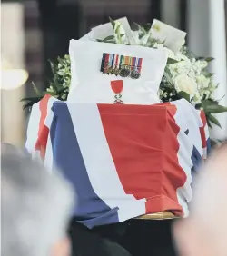  ??  ?? Charles Eagles; and right, his coffin , draped with the Union Flag, at Sunderland Crematoriu­m.