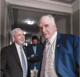  ?? AP PHOTO/J. SCOTT APPLEWHITE ?? In 2023, Rep. Carlos Gimenez, R-Fla., left, and Rep. Mike Kelly, R-Pa., leave after House Republican­s chose Rep. Jim Jordan, R-Ohio, as their new nominee for House speaker.