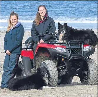  ??  ?? Aimee, left, and Kirsty with their sheep dogs on the beach near their Shetland farm