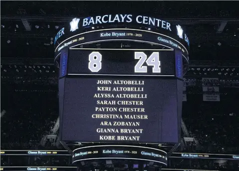  ?? USA TODAY SPORTS ?? The Brooklyn Nets pay their respects in remembranc­e of Kobe Bryant, Gianna Bryant and seven other people killed in the helicopter crash on Sunday prior to the game against the Detroit Pistons at Barclays Center.