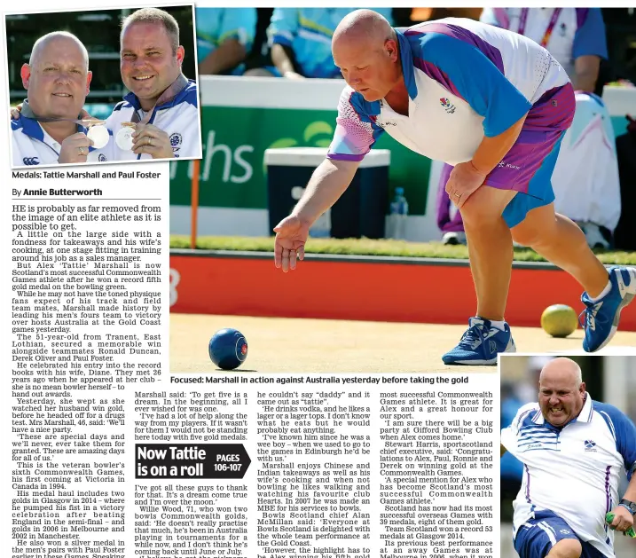  ??  ?? Medals: Tattie Marshall and Paul Foster Focused: Marshall in action against Australia yesterday before taking the gold