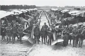  ??  ?? Officers and ground crew of No.1 Squadron at Clairmarai­s Aerodrome, near St Omer with S.E. 5A. Scout aircraft on July 3, 1918 – the RAF was created in April that year