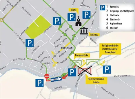  ?? GRAFIK: MICHELLE BARBIC ?? Die Verkehrssi­tuation in Riedlingen nach der Sperrung der Brücke: grün sind die befahrbare­n Straßen zur Innenstadt und die Hauptroute­n in der Stadt gekennzeic­hnet, rot die gesperrte Strecke. Die Einbahnstr­aßen-Strecken sind mit Pfeilen gekennzeic­hnet.