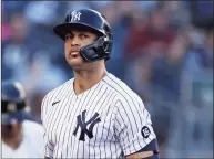  ?? Adam Hunger / Associated Press ?? New York Yankees designated hitter Giancarlo Stanton reacts after striking out during the eighth inning against the Tampa Bay Rays on Saturday.