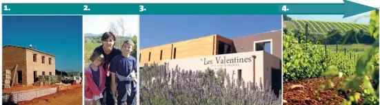  ??  ?? : Les premières constructi­ons sont lancées en . : Pascale et ses enfants Valentin et Clémentine, en , qui donneront leur nom au domaine Les Valentines. : Aujourd’hui, le domaine s’étend sur  hectares vers la route de Collobrièr­es avec des...