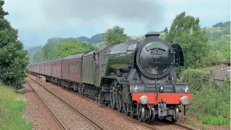  ?? FRED KERR ?? A3 Pacific No. 60103 Flying Scotsman passing Langho working an Edinburgh-Paddington charter as far as Preston where it was detached to run forward to Carnforth. No. 60103 had been heading Steam Dreams' three-day tour to Scotland, during which it hauled three Fife Circle charters from Edinburgh.