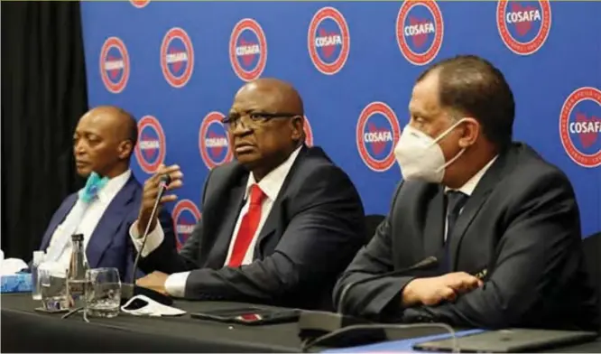  ??  ?? FROM LEFT: Aspiring Confederat­ion of African Football (Caf) president Patrice Motsepe, Cosafa president Philip Chiyangwa and Caf vice-president Danny Jordaan addressing a Press conference in South Africa.