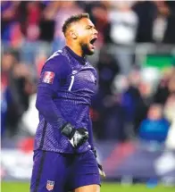  ?? AP PHOTO/JULIO CORTEZ ?? The United States’ Zack Steffen reacts after defeating Mexico 2-0 during a FIFA World Cup qualifying soccer match Friday in Cincinnati.
