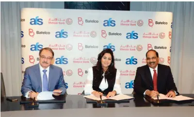  ??  ?? (From left): Ithmaar Bank Chief Executive Officer, Ahmed Abdul Rahim, Batelco Bahrain CEO Eng Muna Al-Hashemi and Arab Financial Services CEO B Chandrasek­har.