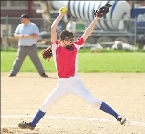  ?? File photo by Ernest A. Brown ?? Victoria Young gets set to deliver a pitch during a 2019 game. Young would have been one of the key members on this year’s softball team at Mount St. Charles. Alas, her senior season was canceled due to COVID-19.