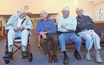  ?? 2014 PHOTO BY NELLIE DONEVA, ABILENE REPORTER-NEWS ?? Oscar Schkade, left, and Alvin Siewert, third from left, veterans and friends, died hours apart. Their brothers Clarence Schkade, second from left, and Clarence Siewert, sat with them in 2014 at Zion Lutheran Church.