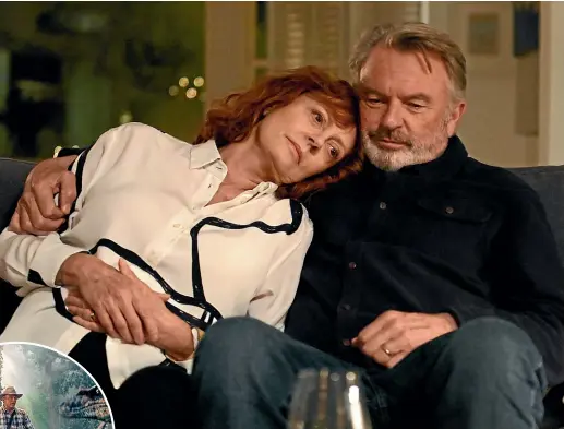  ??  ?? Susan Sarandon and Sam Neill have to come to terms with her impending death in their latest film, Blackbird. Neill’s other roles have included, inset from top Jurassic Park, TV’S Peaky Blinders, Rams and Ride Like a Girl.