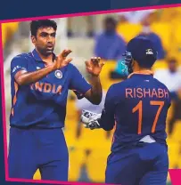  ?? AFP ?? ■ Ashwin is congratula­ted by wicketkeep­er Rishabh Pant after taking a wicket against Afghanista­n.