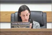  ??  ?? Fort Oglethorpe City Manager Jennifer PayneSimpk­ins discusses Dietz Road traffic issues during the March 12 City Council meeting. (Catoosa News photo/Adam Cook)