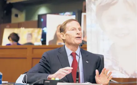  ?? SHAWNTHEW/AP ?? Sen. Richard Blumenthal, D-Conn., speaks during a confirmati­on hearing for Supreme Court nominee Amy Coney Barrett before the Senate Judiciary Committee, Monday, Oct. 12, 2020, on Capitol Hill in Washington.