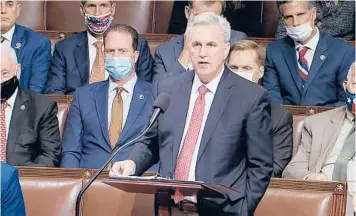 ?? HOUSE TELEVISION ?? Minority Leader Kevin McCarthy, R-Calif., speaks on the House floor on Thursday in Washington.