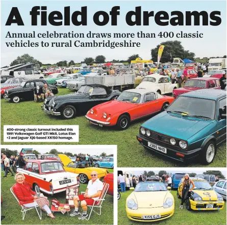  ??  ?? 400-strong classic turnout included this 1991 Volkswagen Golf GTi Mkii, lotus elan +2 and Jaguar XJ6-based Xk150 homage. it’s a red and white world for keith and chris rowbottom, who have matching clothes and even picnic gear for their 1963 Triumph...