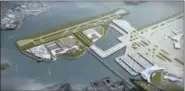  ?? FXFOWLE ARCHITECTS (VIA AP) ?? This artist rendering provided by FXFOWLE Architects illustrate­s a proposed plan for a runway and terminal, center, on the island that now houses the city’s massive Rikers Island jail complex, which is just across a narrow stretch of water from...