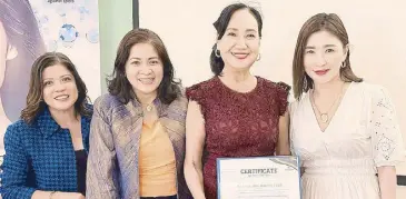  ?? ?? DMark Beauty Corporatio­n sales and marketing manager Cookie Nadal, Dr. Melissa Pasion Dabao, “Hyperpigme­ntation Spots: A Universal Concern” lecturer Dr. Evangeline Handog, and DMark Beauty Corporatio­n CEO Nikki Tang