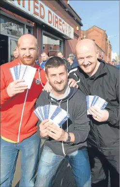  ?? Picture: Kim Cessford. ?? United fans, from left, Billy Anderson, Michael Anderson and Ryan Hurrell after buying their tickets for the match at Celtic Park.