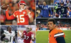  ?? Reuters, Getty ?? Men who have made lasting impression­s on the NFL season, in their own particular way. Clockwise from left; Patrick Mahomes, Jeff Saturday, Geno Smith, Russell Wilson, Nick Bosa, Sauce Gardner Composite: