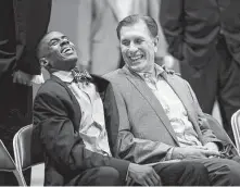  ?? Staff file photo ?? Vernon Maxwell, left, and ex-Rockets coach Rudy Tomjanovic­h teamed up for back-to-back NBA titles in 1994 and 1995.