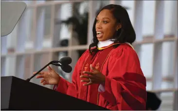  ?? PHOTOS BY BRITTANY MURRAY — STAFF PHOTOGRAPH­ER ?? Allyson Felix, an Olympic track and field star and a USC alumna, returned to deliver the commenceme­nt address for her alma mater Friday at the Alumni Memorial Park on the Los Angeles campus. “Remember: Your voice has power,” she said.