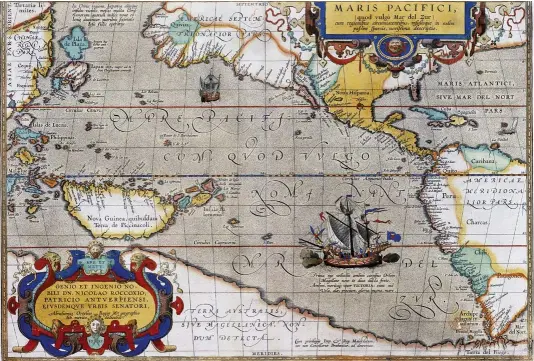  ??  ?? EL VIAJE EN EL MAPA. Este mapa del océano Pacífico – con Nueva Guinea y América del Sur– muestra el barco de Magallanes. El libro que lo contiene, Theatrum Orbis Terrarum ( Teatro del orbe terrestre), es obra de Abraham Ortelius ( 15271598) y está...