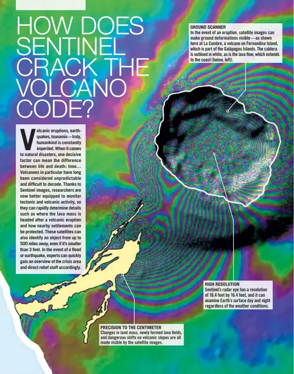  ??  ?? PRECISION TO THE CENTIMETER Changes in land mass, newly formed lava fields, and dangerous shifts on volcanic slopes are all made visible by the satellite images.