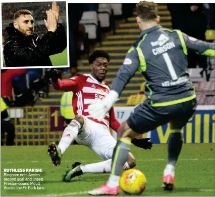  ??  ?? Bingham nets Accies’ second goal and (inset) Preston-bound Moult thanks the Fir Park fans RUTHLESS RAKISH: