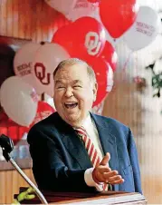  ?? [PHOTO BY SARAHPHIPP­S, THE OKLAHOMAN] ?? President David Boren laughs Thursday at a reception after he was honored for 50 years of public service by University of Oklahoma students and the OU Board of Regents.