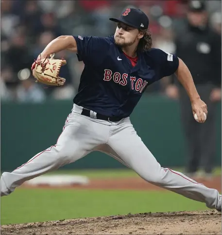  ?? SUE OGROCKI — THE ASSOCIATED PRESS ?? Boston Red Sox relief pitcher Chris Murphy pitches in the eighth inning of a baseball game against the Cleveland Guardians, Wednesday, June 7, 2023, in Cleveland.