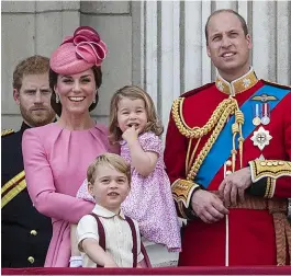  ??  ?? The same ceremony, 28 years apart. Trooping the Colour sparked cheeky smiles (above, right) from Prince Harry in 1988 and again last year, this time from his niece and nephew, Princess Charlotte and Prince George.