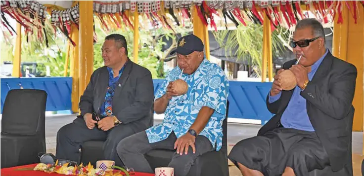  ?? Photo: DEPTFO News ?? From left: Tuvaluan High Commission­er to Fiji Temate Melitana, Prime Minister Voreqe Bainimaram­a and Tuvalu’s Foreign Affairs Minister Taukelina Finikaso in Funafuti on August 11, 2019.