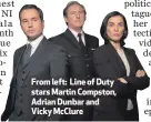  ??  ?? From left: Line of Duty stars Martin Compston, Adrian Dunbar and Vicky McClure