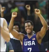  ?? Associated Press ?? SUMMER BALL In this Aug. 21, 2016, file photo, the United States’ Kyle Lowry (7) celebrates in the men’s gold medal basketball game at the 2016 Summer Olympics in Rio de Janeiro, Brazil. Summer ball isn’t a foreign concept to Lowry.