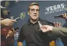  ?? The Associated Press ?? Vegas Golden Knights general manager George McPhee holds court with reporters ahead of facing his former team, the Washington Capitals, in the Stanley Cup Final, which begins Monday in Las Vegas.