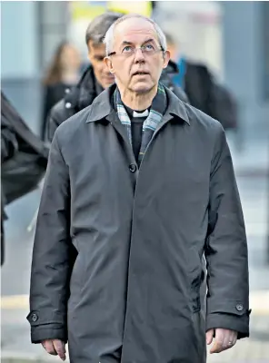  ??  ?? The Archbishop of Canterbury, the Most Rev Justin Welby, arrives yesterday to give evidence to the Independen­t Inquiry into Child Sexual Abuse