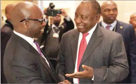  ??  ?? Group Chief Executive, Oando Plc, Wale Tinubu (left), and the newly sworn-in President of South-Africa, Cyril Ramaphosa, establishi­ng a strong pan-African at a Public Private Partnershi­p summit in Switzerlan­d...recently