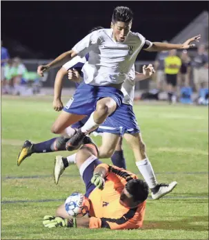  ??  ?? ABOVE: Model’s Jason Ortega (top) leaps over Jeff Davis keeper Elian Trejo after his progress to the goal was stopped during the Class AA Elite Eight match Friday at Model’s Woodard-Tuggle Stadium.