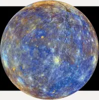  ??  ?? Right: This colourful view of Mercury, taken by MESSENGER, flaunts its chemical and mineral compositio­n