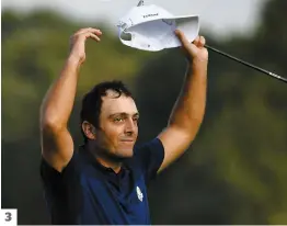  ?? PHOTOS AFP ?? 1. Ian Poulter et Rory McIlroy célèbrent leur victoire contre Bubba Watson et Webb Simpson, hier après-midi, en France.2. La foule s’est rassemblée en masse autour de Tiger Woods pendant sa ronde de la matinée. 3. Francesco Molinari de l’Équipe Europe réagit avec la foule de L’Albatros au Golf National, montrant le caractère particulie­r du tournoi.